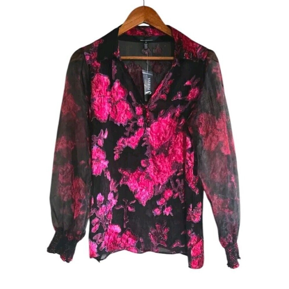 WHBM Blouse Women's Medium Sheer Organza Sleeve Floral Silk Burnout NWT